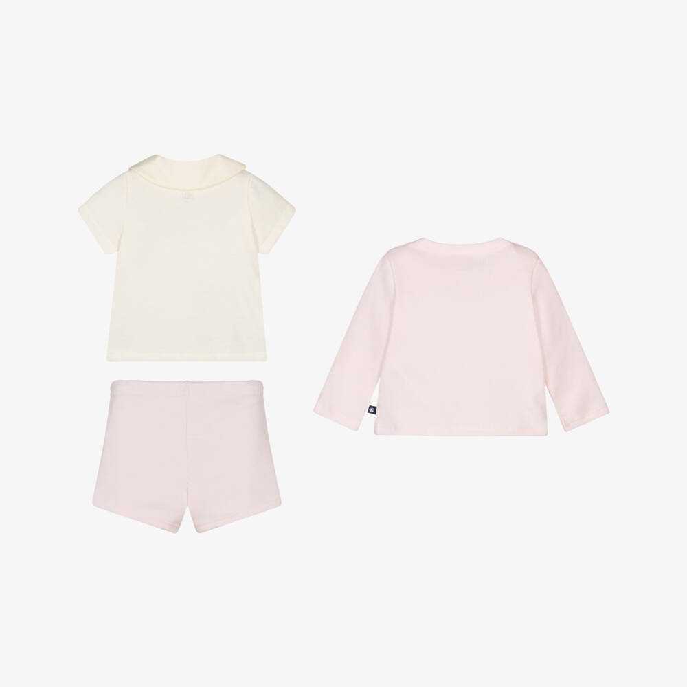 Petit Bateau-Baby Girls Pink Ribbed Jersey Shorts Set | Childrensalon