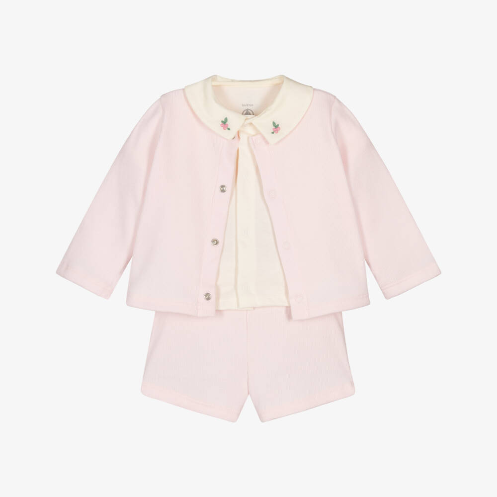 Petit Bateau-Baby Girls Pink Ribbed Jersey Shorts Set | Childrensalon