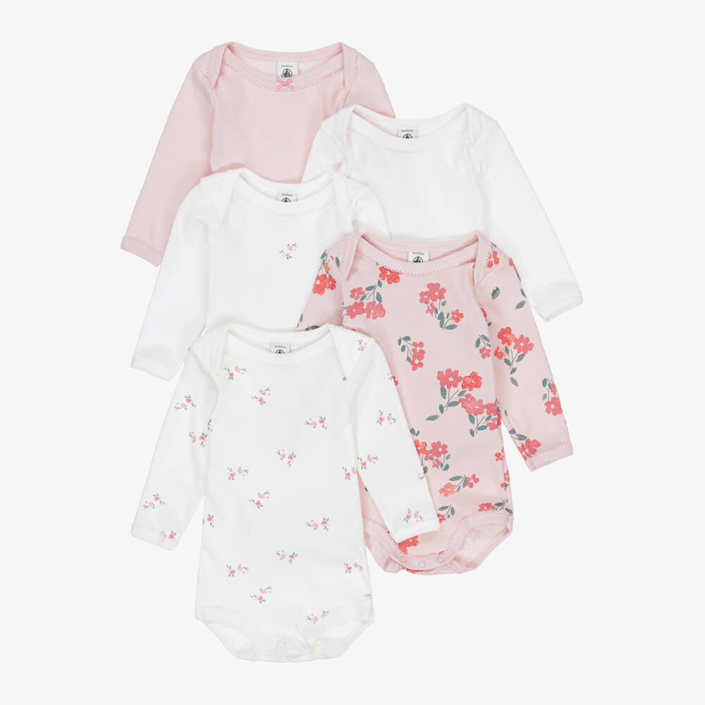 Petit Bateau-Baby Girls Pink & White Cotton Floral Bodyvests (5 Pack) | Childrensalon