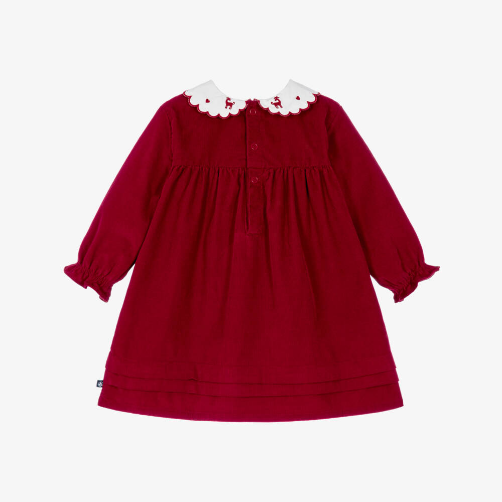 Petit Bateau-Baby Girls Red Corduroy Dress with Embroidered Collar | Childrensalon