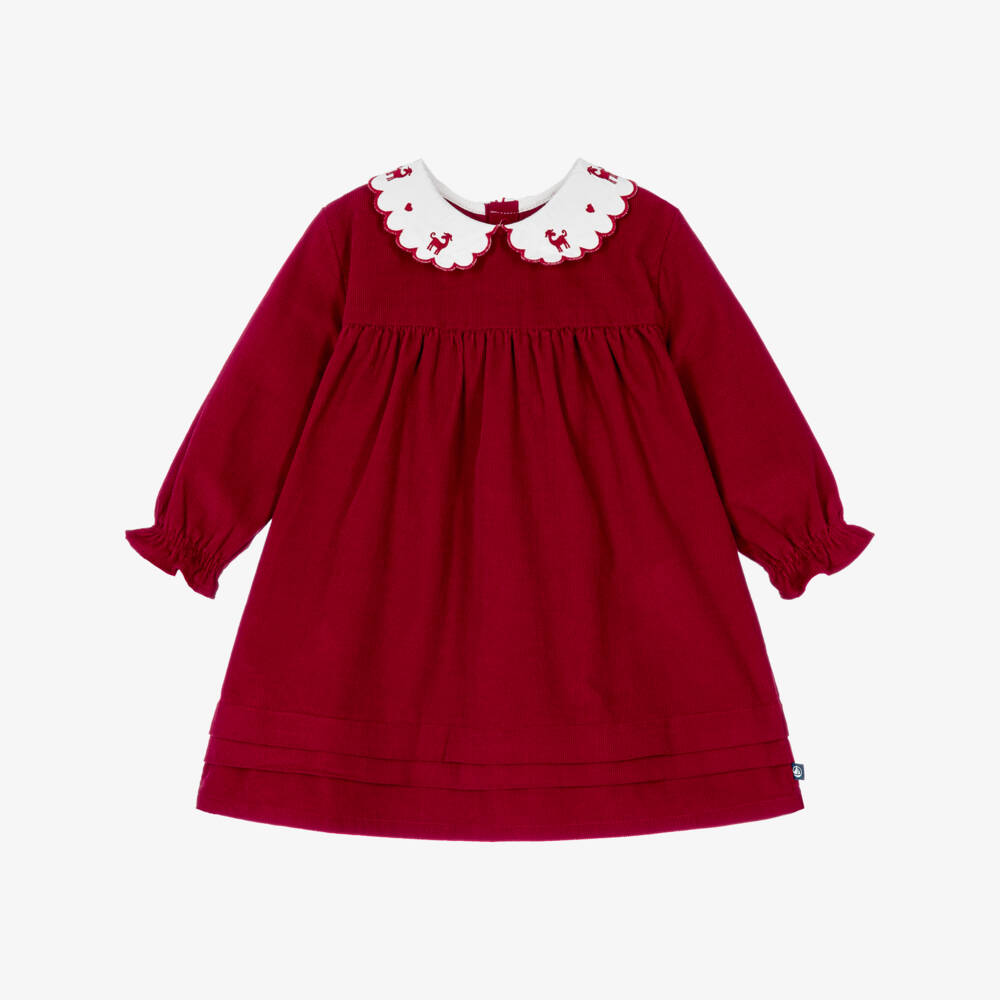 Petit Bateau-Baby Girls Red Corduroy Dress with Embroidered Collar | Childrensalon