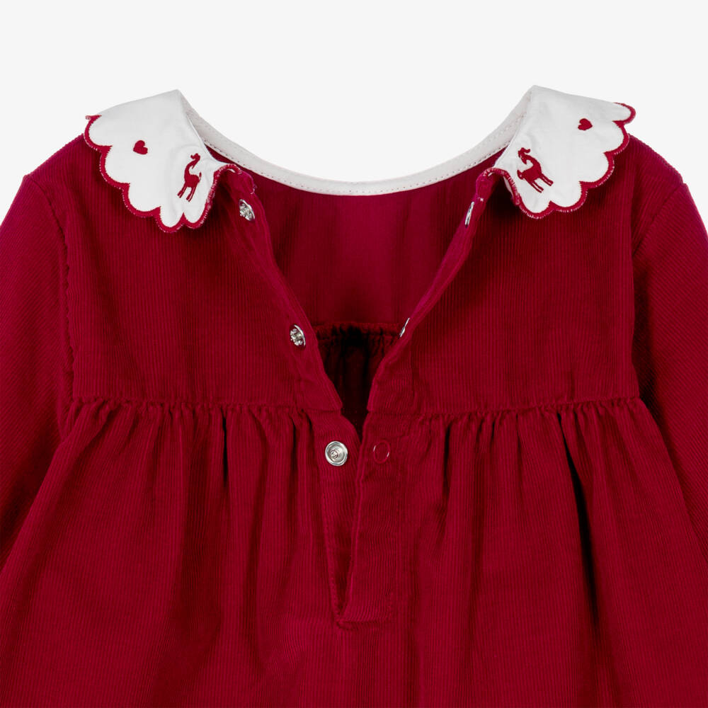 Petit Bateau-Baby Girls Red Corduroy Dress with Embroidered Collar | Childrensalon
