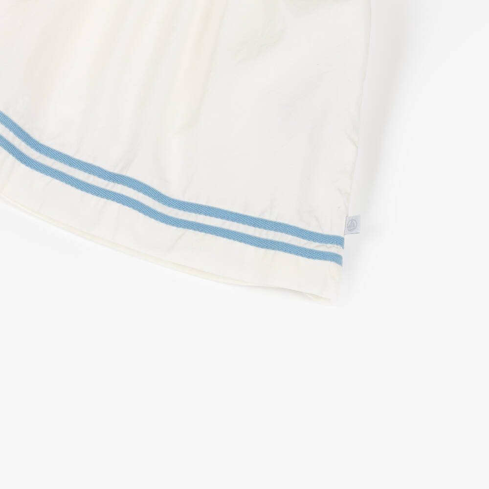 Petit Bateau-Baby Girls White Cotton Dress with Striped Blue Trim | Childrensalon