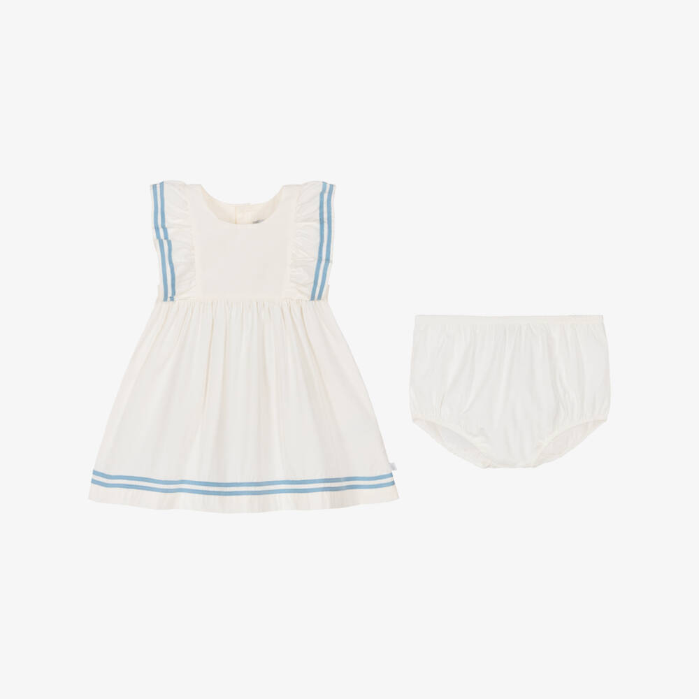 Petit Bateau-Baby Girls White Cotton Dress with Striped Blue Trim | Childrensalon