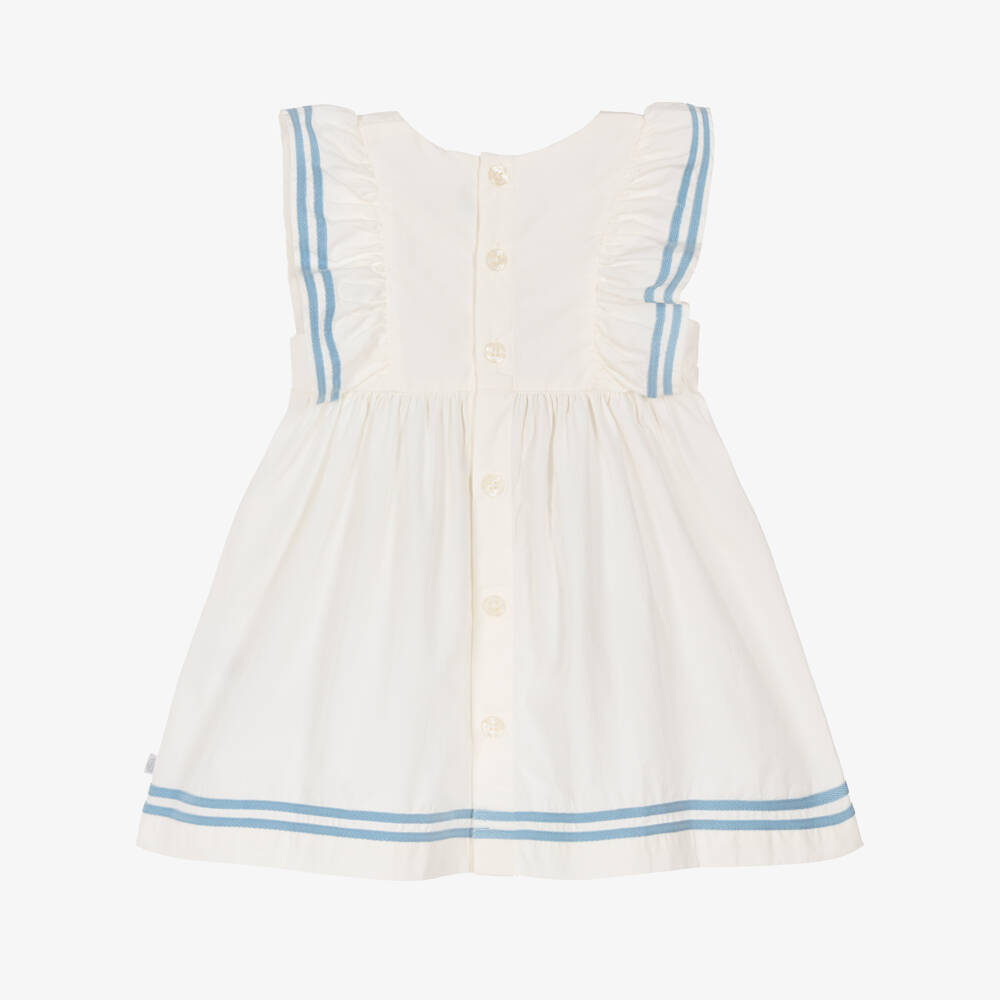 Petit Bateau-Baby Girls White Cotton Dress with Striped Blue Trim | Childrensalon