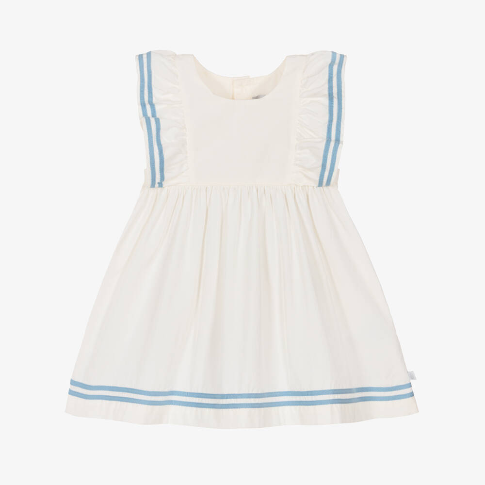 Petit Bateau-Baby Girls White Cotton Dress with Striped Blue Trim | Childrensalon