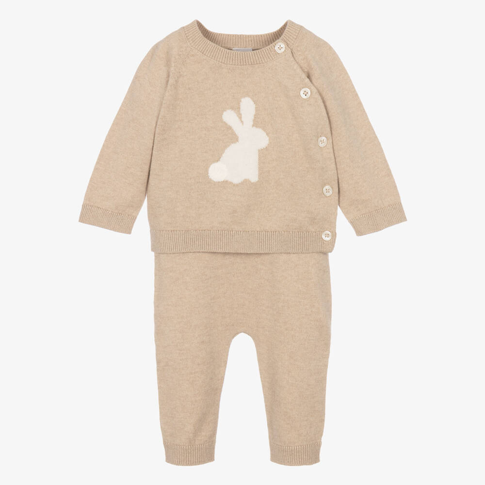 Petit Bateau-Beige Organic Cotton Knit Baby Trouser Set | Childrensalon