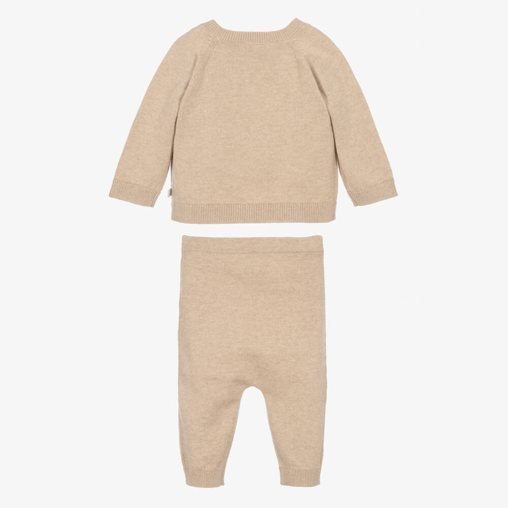 Petit Bateau-Beige Organic Cotton Knit Baby Trouser Set | Childrensalon
