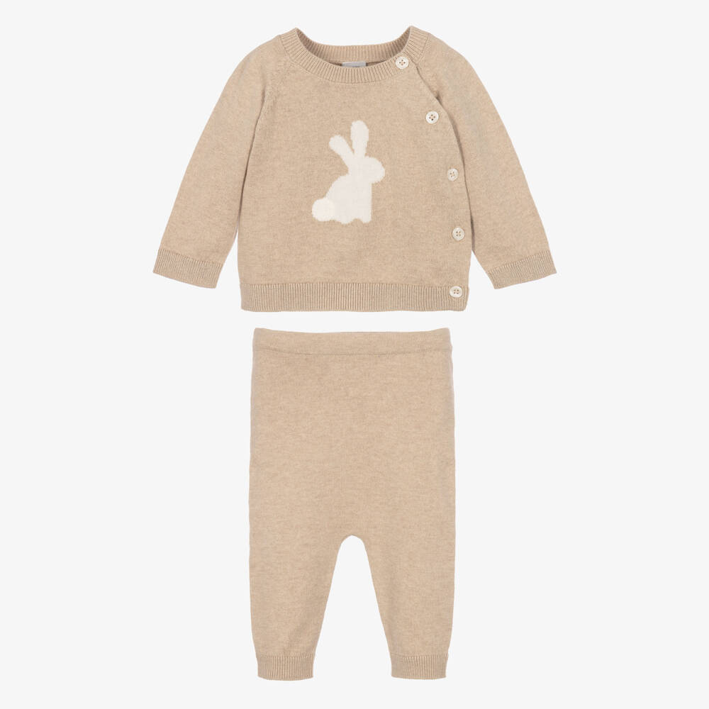 Petit Bateau-Beige Organic Cotton Knit Baby Trouser Set | Childrensalon