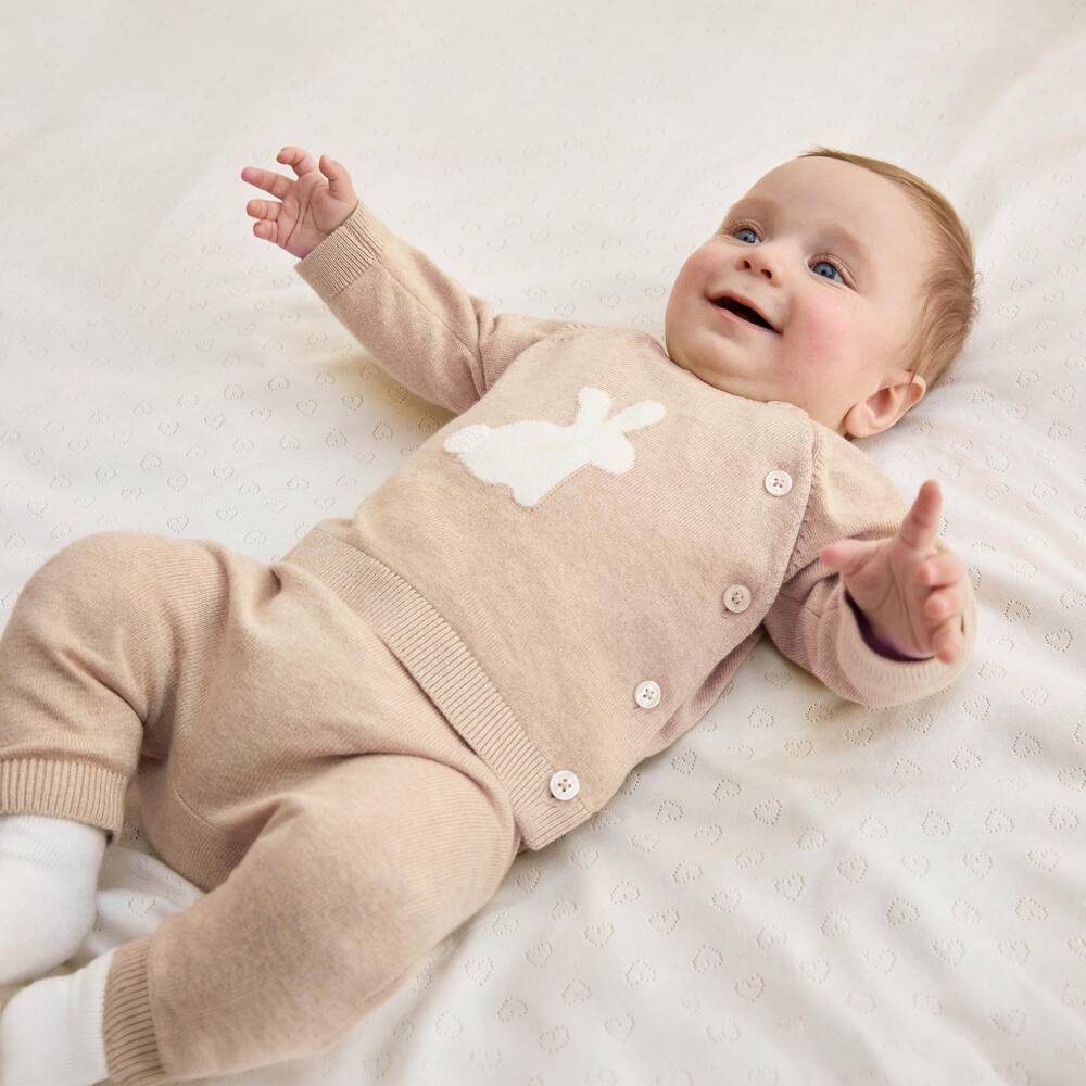 Petit Bateau-Beige Organic Cotton Knit Baby Trouser Set | Childrensalon