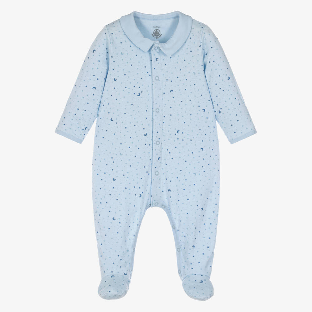 Petit Bateau-Blue Cotton Moon & Star Print Babygrow  | Childrensalon