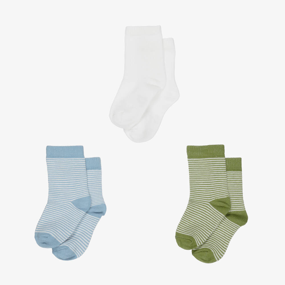 Petit Bateau-Blue & Green Striped Cotton Socks (3 Pack) | Childrensalon