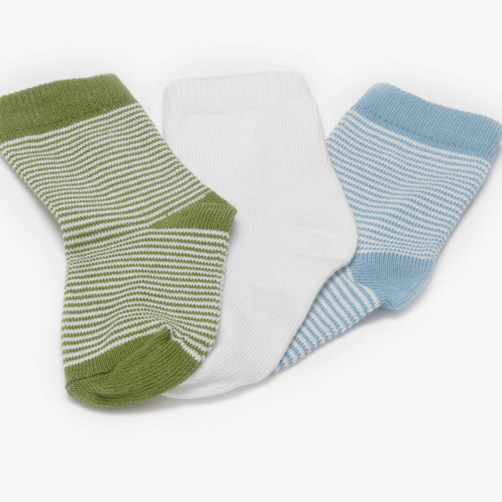 Petit Bateau-Blue & Green Striped Cotton Socks (3 Pack) | Childrensalon