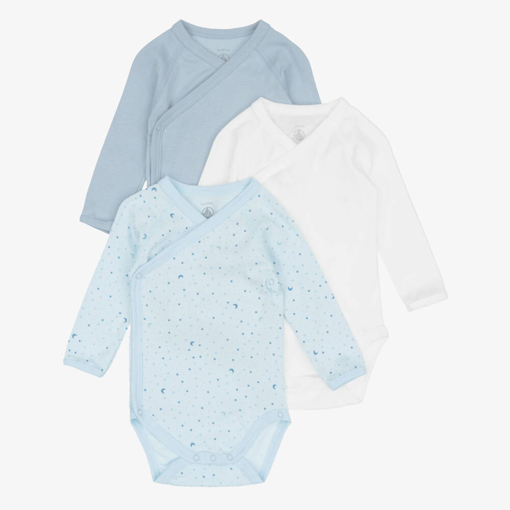 Petit Bateau-Blue & Ivory Cotton Bodyvests (3 Pack) | Childrensalon