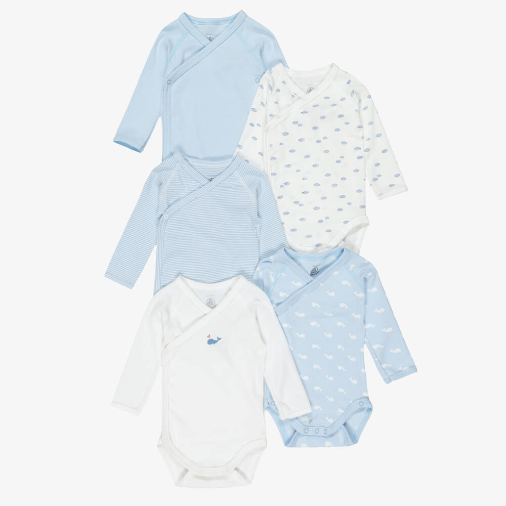 Petit Bateau-Blue & White Cotton Bodyvests with Dolphins & Clouds (5 Pack) | Childrensalon