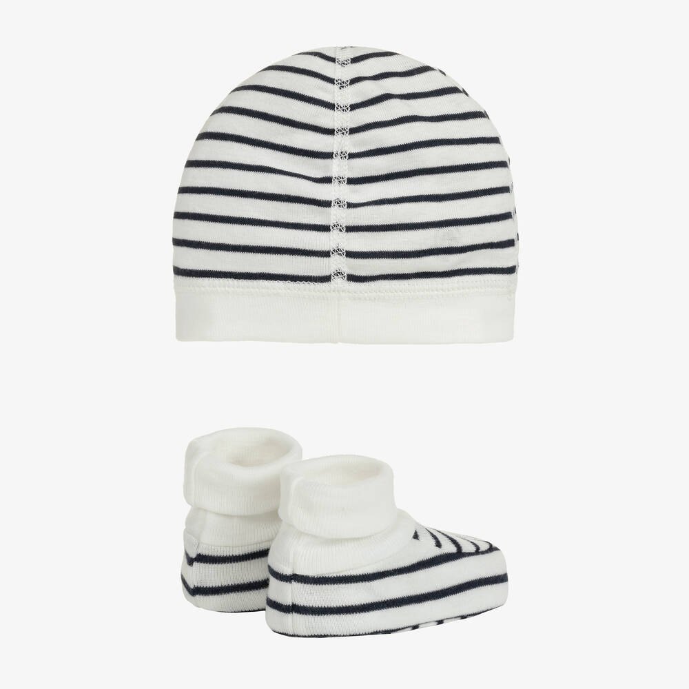 Petit Bateau-Blue & White Cotton Hat & Booties Set | Childrensalon
