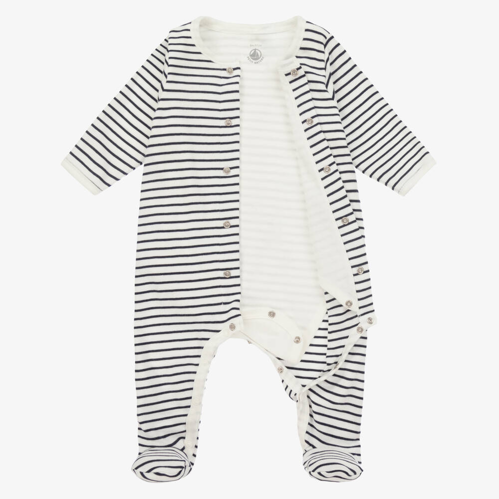 Petit Bateau-Blue & White Striped Cotton Babygrow | Childrensalon