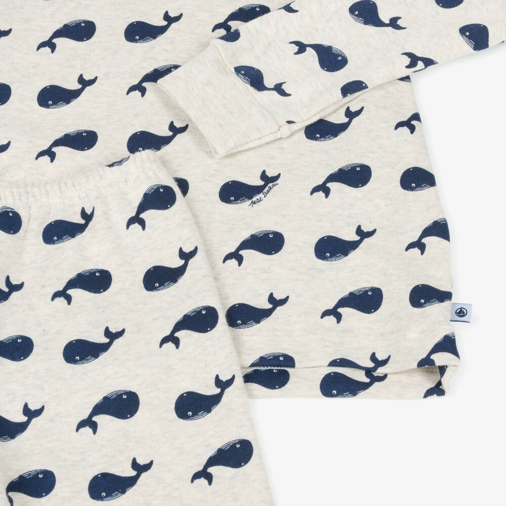 Petit Bateau-Boys Beige Marl Cotton Jersey Pyjamas with Blue Whale Print | Childrensalon