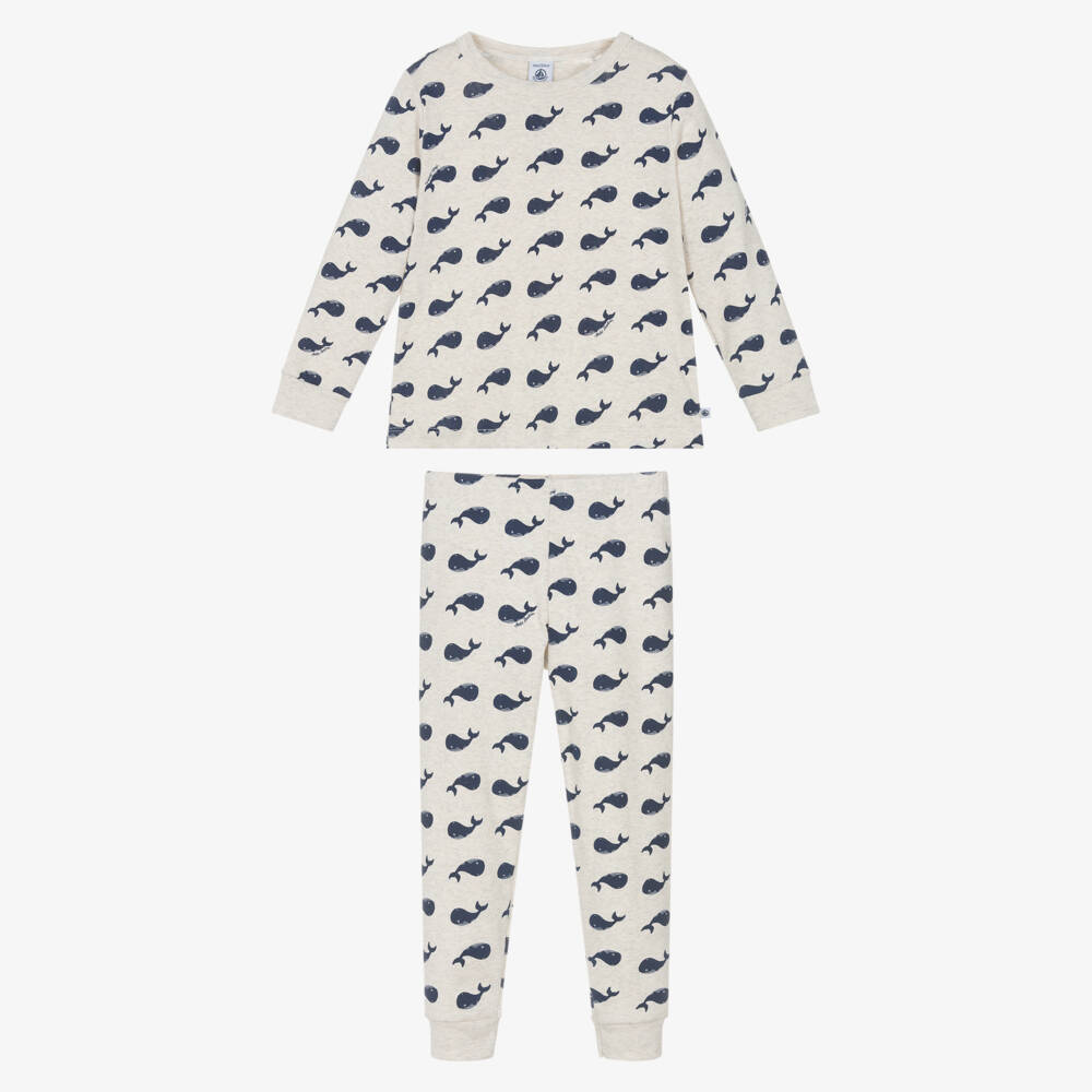 Petit Bateau-Boys Beige Marl Cotton Jersey Pyjamas with Blue Whale Print | Childrensalon