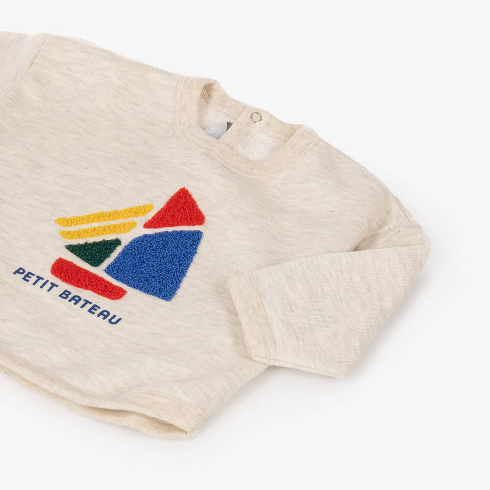 Petit Bateau-Boys Beige Marl Sweatshirt with Colourful Logo | Childrensalon