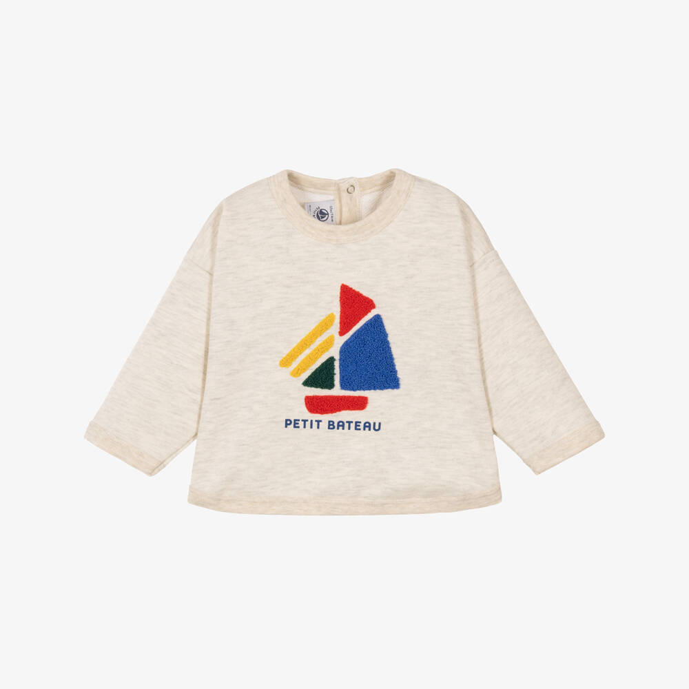 Petit Bateau-Boys Beige Marl Sweatshirt with Colourful Logo | Childrensalon