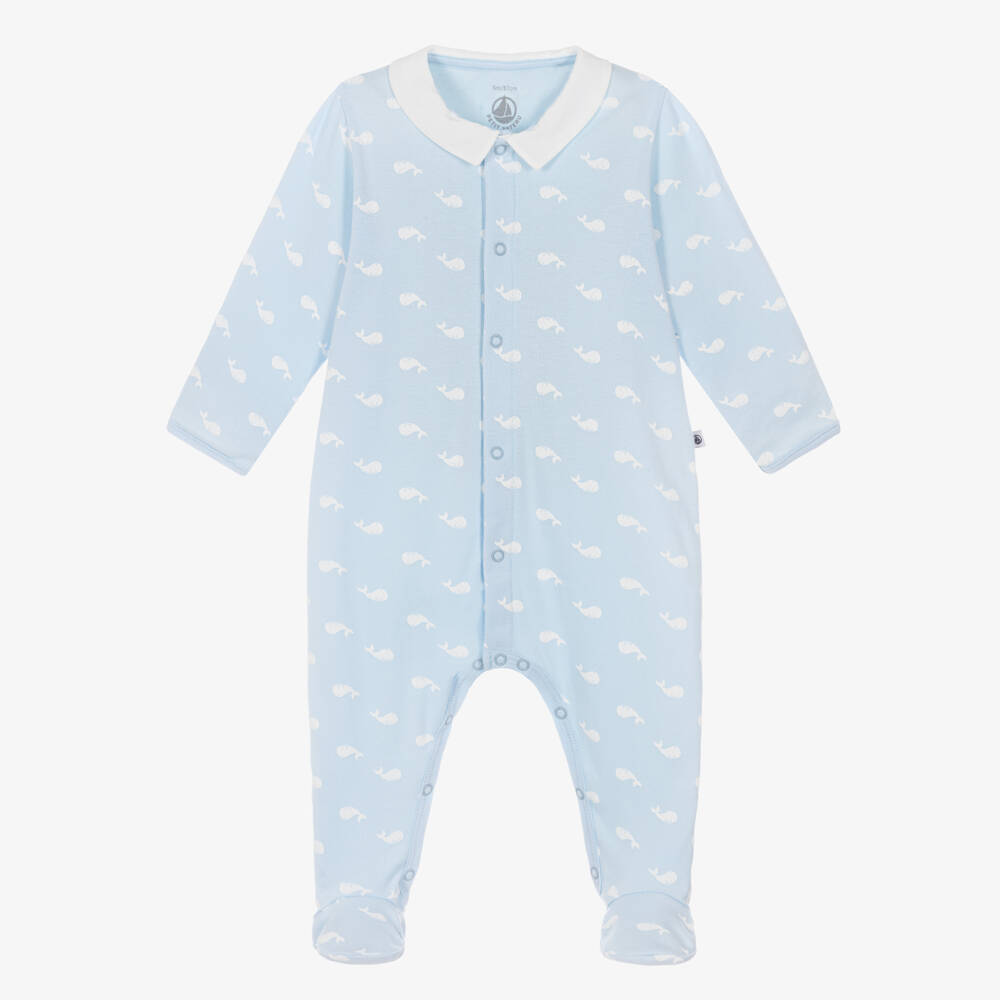 Petit Bateau-Boys Blue Cotton Babygrow with Whale Print | Childrensalon