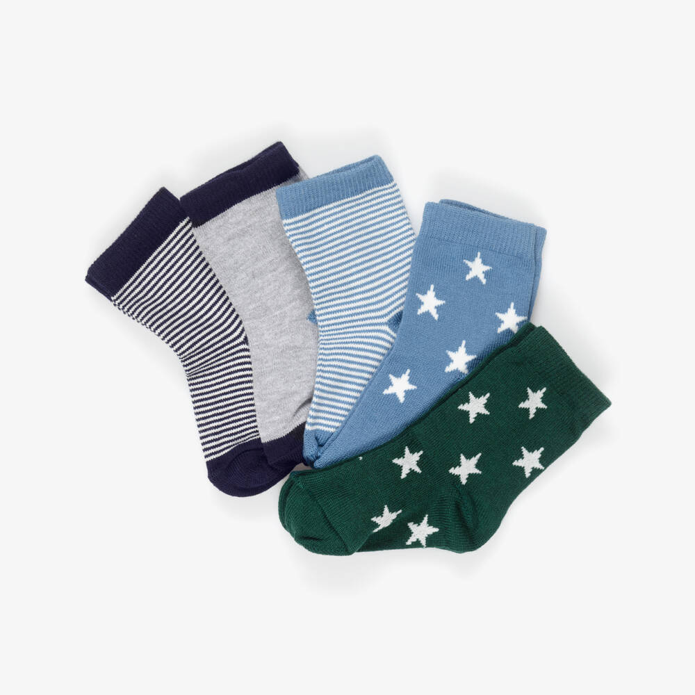 Petit Bateau-Boys Blue & Green Ankle Socks with Stars & Stripes (5 Pack) | Childrensalon