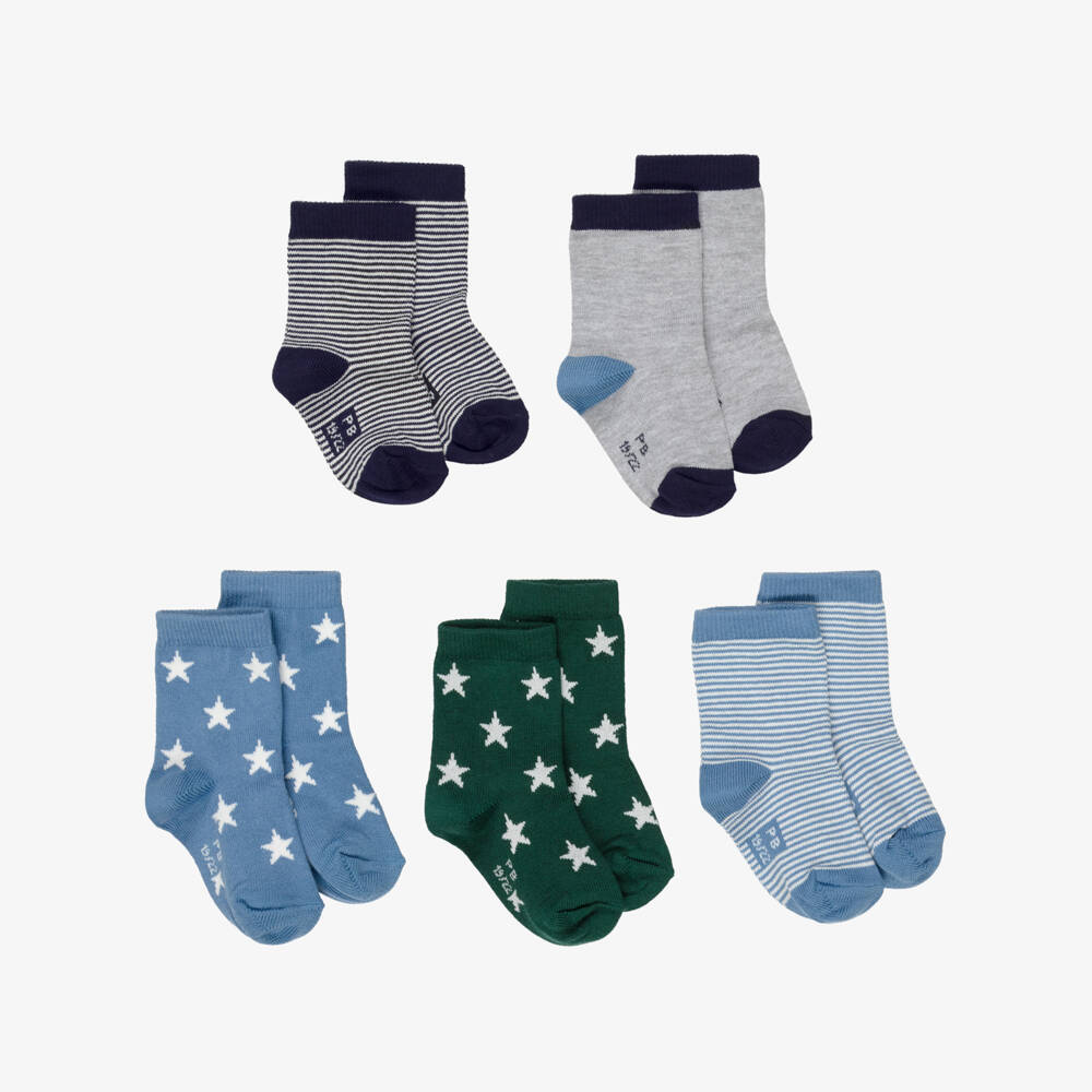 Petit Bateau-Boys Blue & Green Ankle Socks with Stars & Stripes (5 Pack) | Childrensalon
