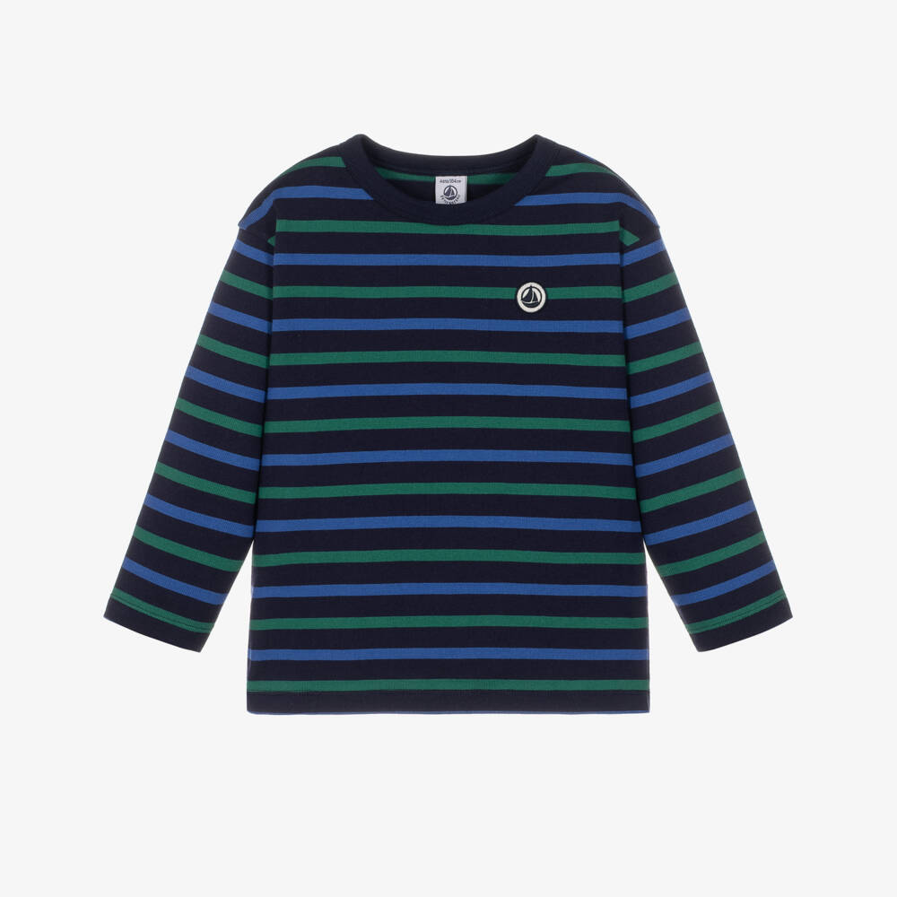 Petit Bateau-Boys Blue & Green Striped Cotton Top  | Childrensalon