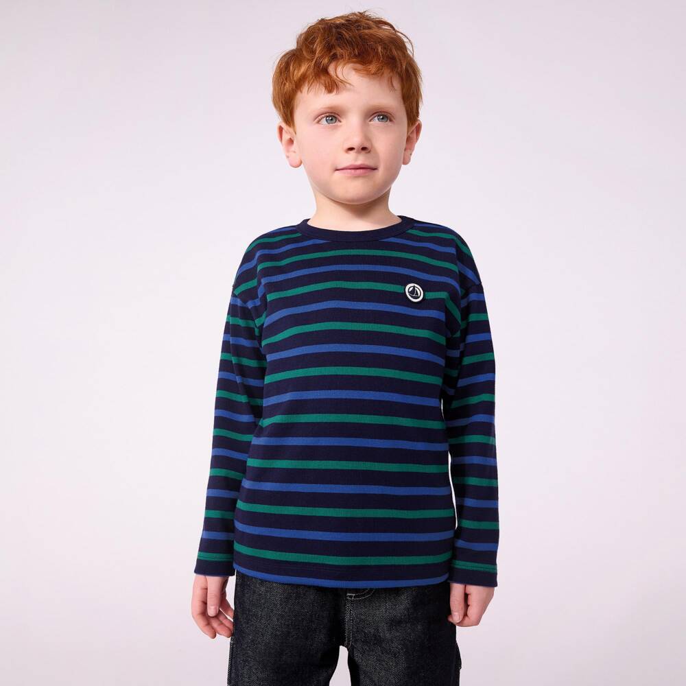 Petit Bateau-Boys Blue & Green Striped Cotton Top | Childrensalon