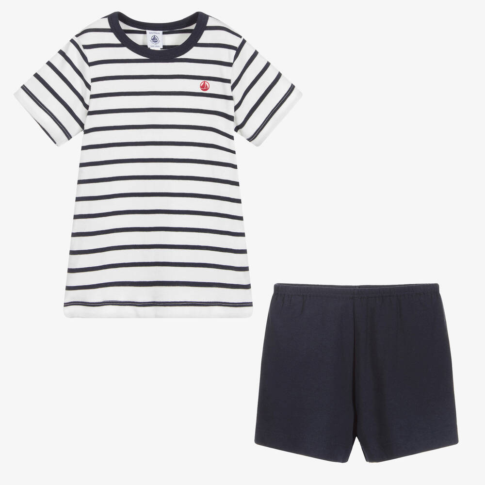 Petit Bateau-Бело-синяя короткая пижама из хлопка для мальчиков | Childrensalon