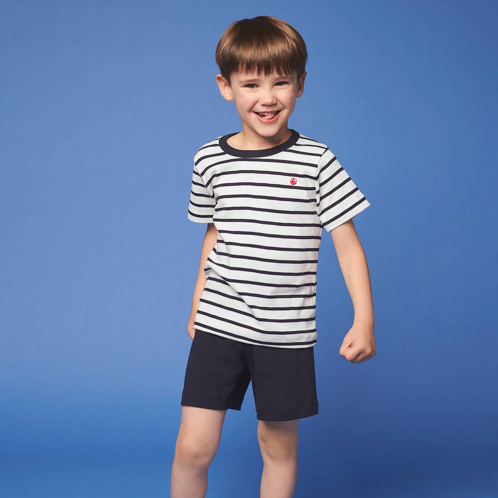 Petit Bateau-Бело-синяя короткая пижама из хлопка для мальчиков | Childrensalon