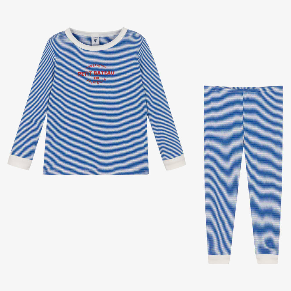 Petit Bateau-Boys Blue & White Striped Cotton Pyjamas | Childrensalon