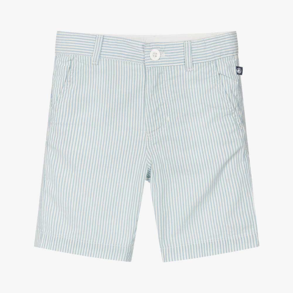 Petit Bateau-شورت قطن مقلم لون أبيض وأزرق للأولاد | Childrensalon