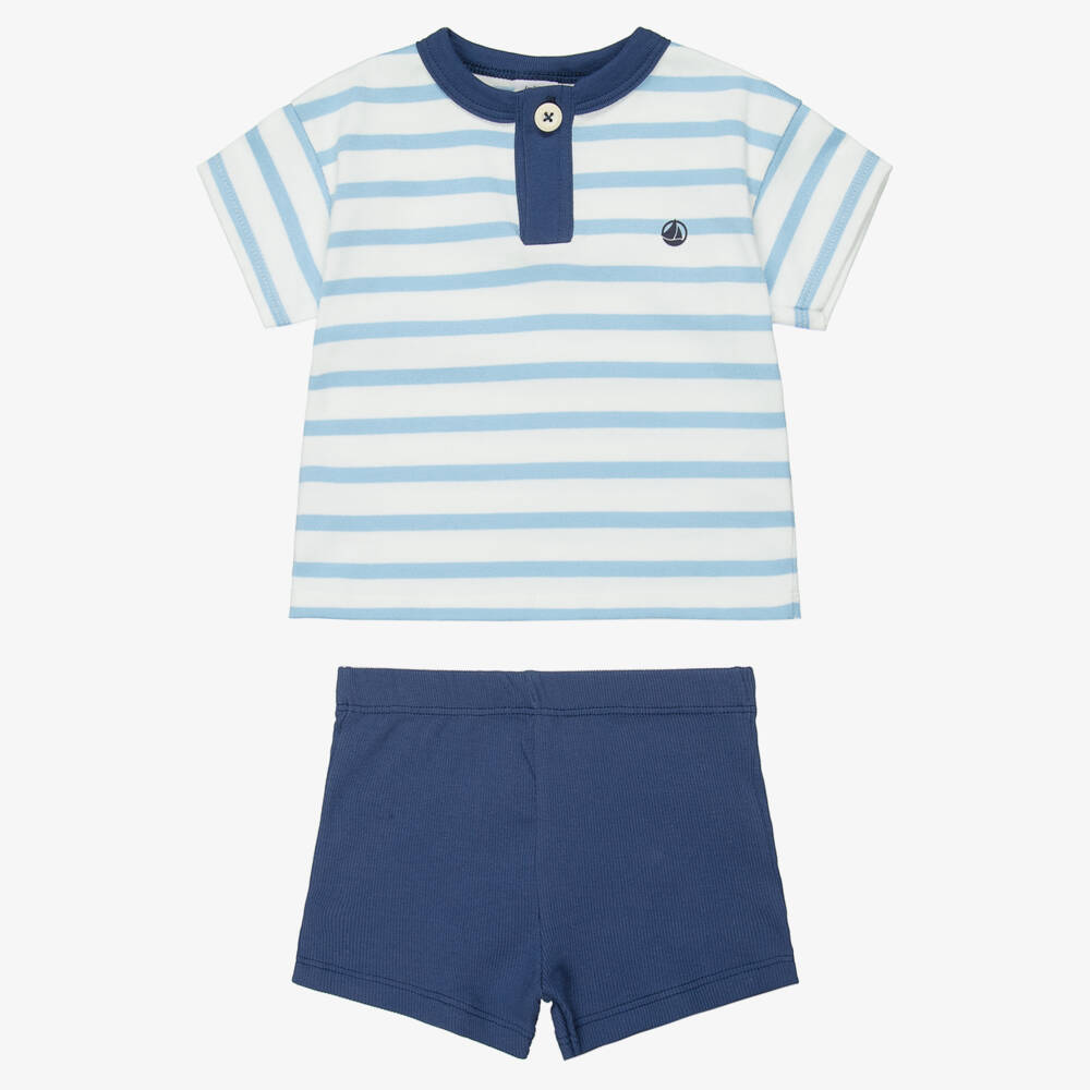 Petit Bateau-Boys Blue & White Striped Cotton Shorts Set | Childrensalon