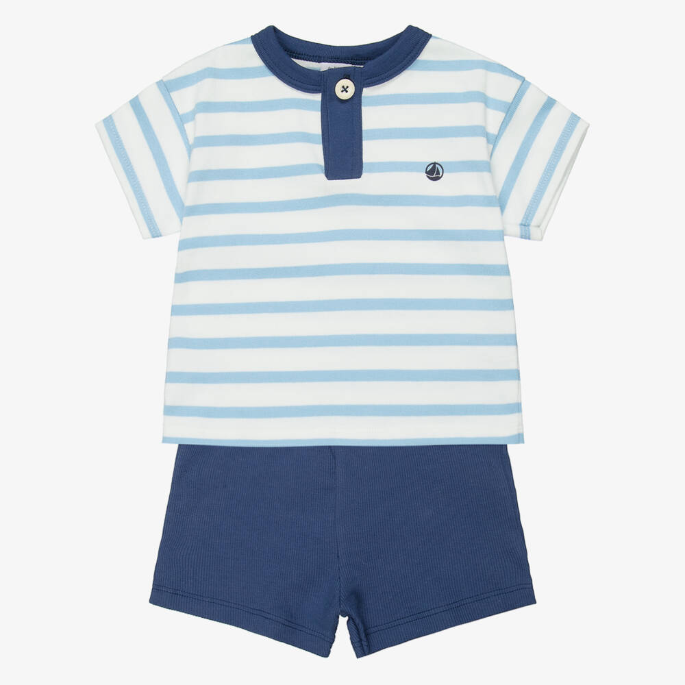 Petit Bateau-Boys Blue & White Striped Cotton Shorts Set | Childrensalon