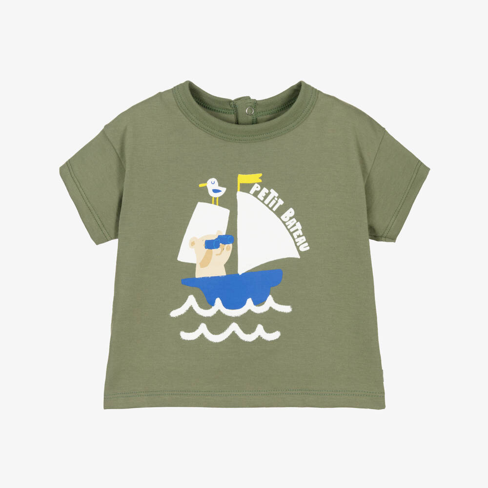 Petit Bateau-Boys Green Cotton T-shirt with Sailboat Motif | Childrensalon
