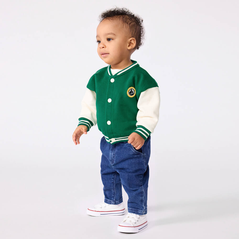 Petit Bateau-Boys Green & Ivory Cotton Varsity Jacket | Childrensalon