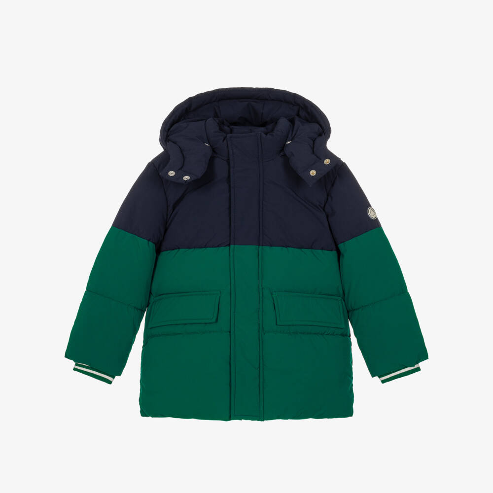 Petit Bateau-Boys Green & Navy Blue Hooded Puffer Coat | Childrensalon