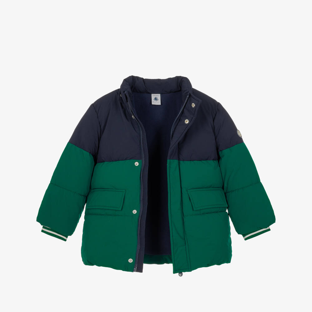 Petit Bateau-Boys Green & Navy Blue Hooded Puffer Coat | Childrensalon