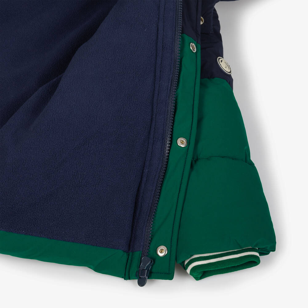 Petit Bateau-Boys Green & Navy Blue Hooded Puffer Coat | Childrensalon