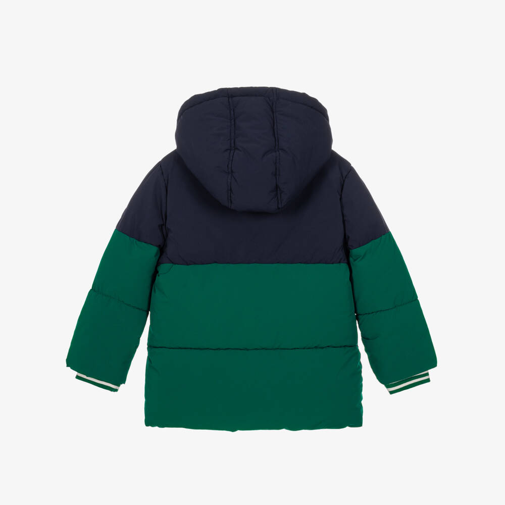 Petit Bateau-Boys Green & Navy Blue Hooded Puffer Coat | Childrensalon