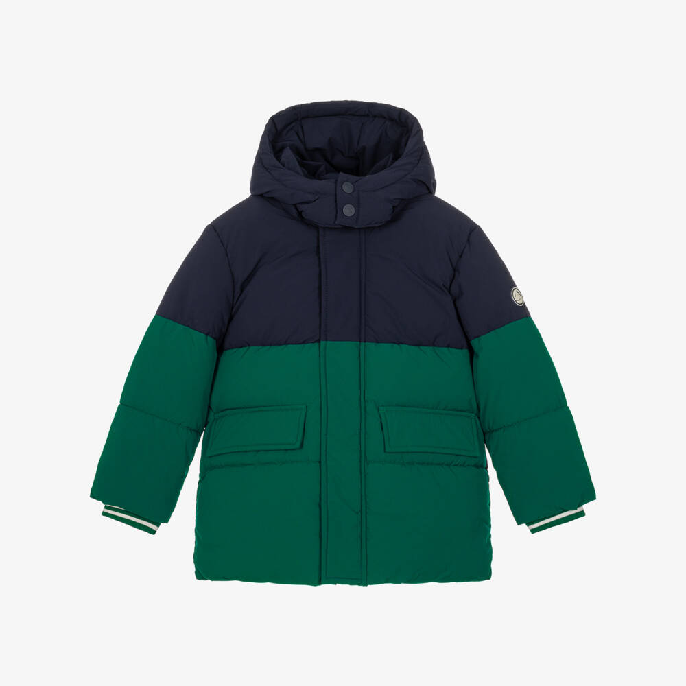 Petit Bateau-Boys Green & Navy Blue Hooded Puffer Coat | Childrensalon