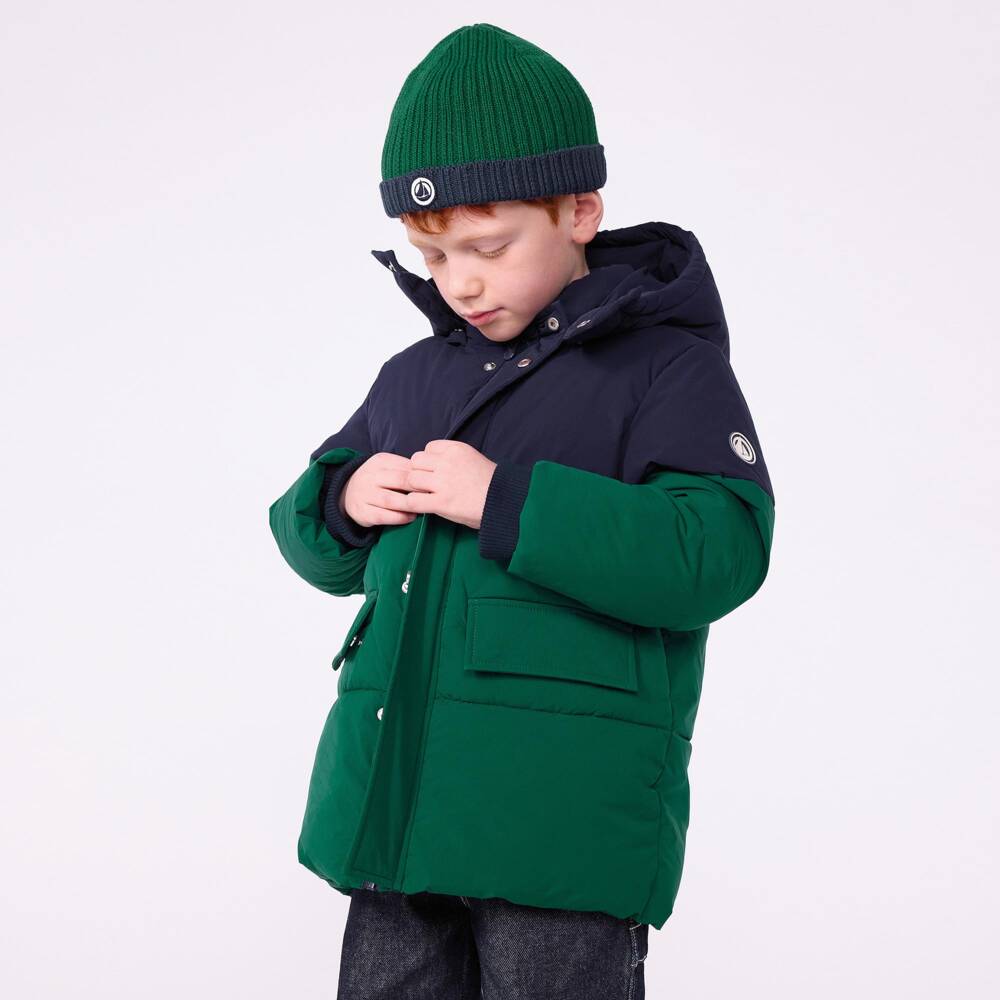 Petit Bateau-معطف منفوخ بهودي لون أخضر وكحلي للأولاد | Childrensalon