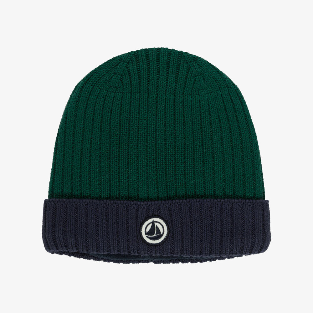 Petit Bateau-Boys Green & Navy Blue Knitted Beanie  | Childrensalon