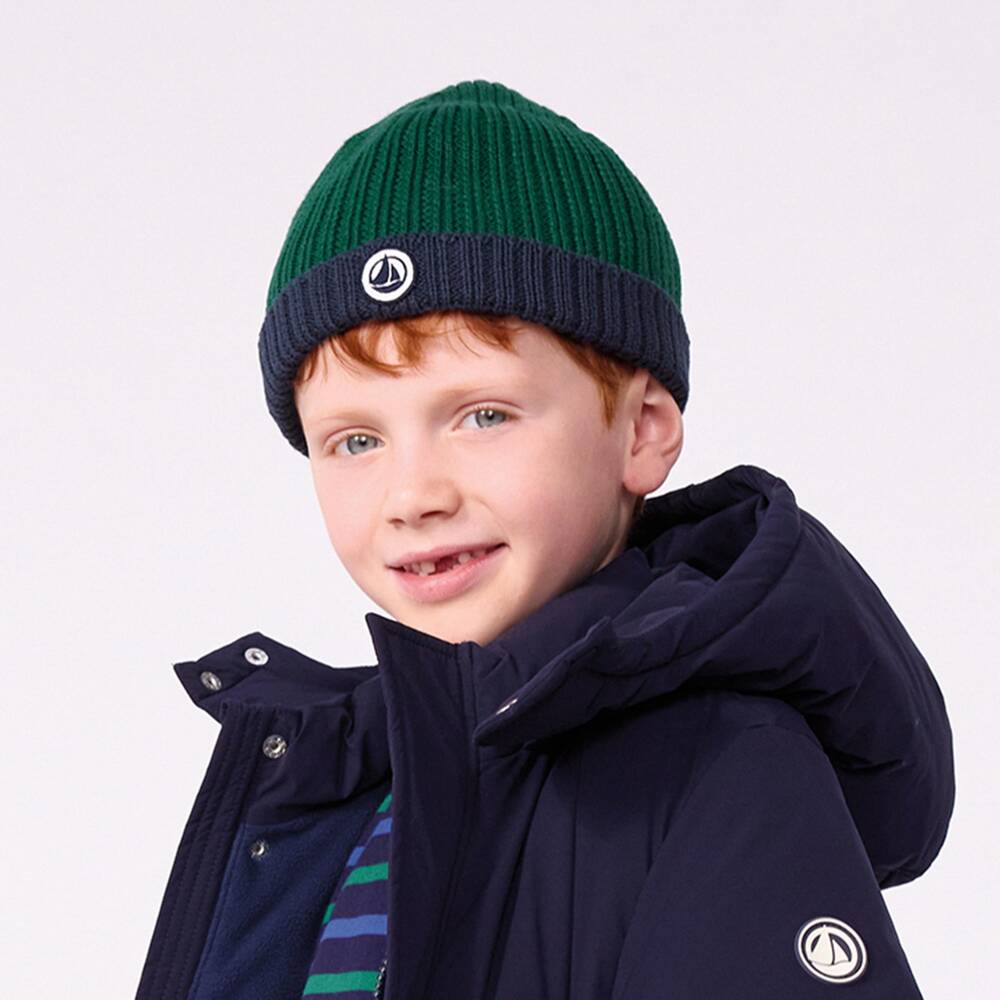Petit Bateau-Boys Green & Navy Blue Knitted Beanie | Childrensalon
