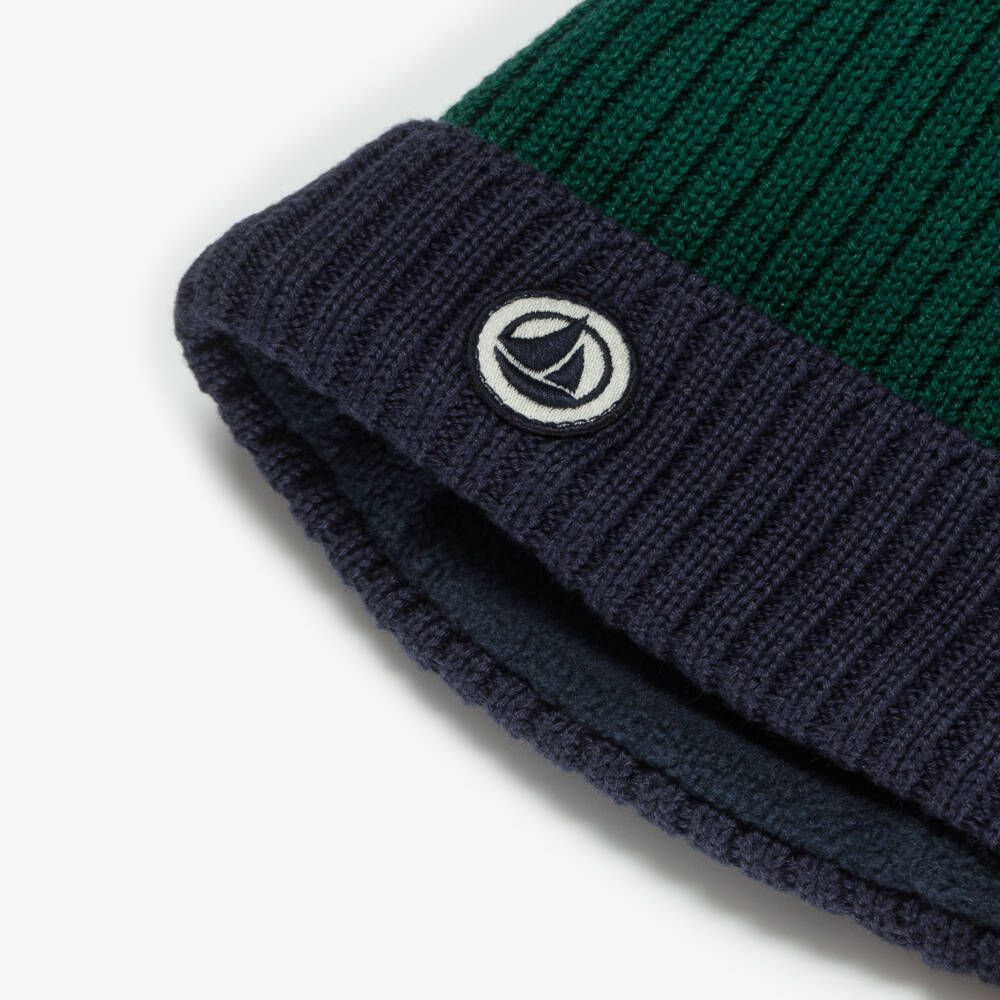 Petit Bateau-Boys Green & Navy Blue Knitted Beanie | Childrensalon