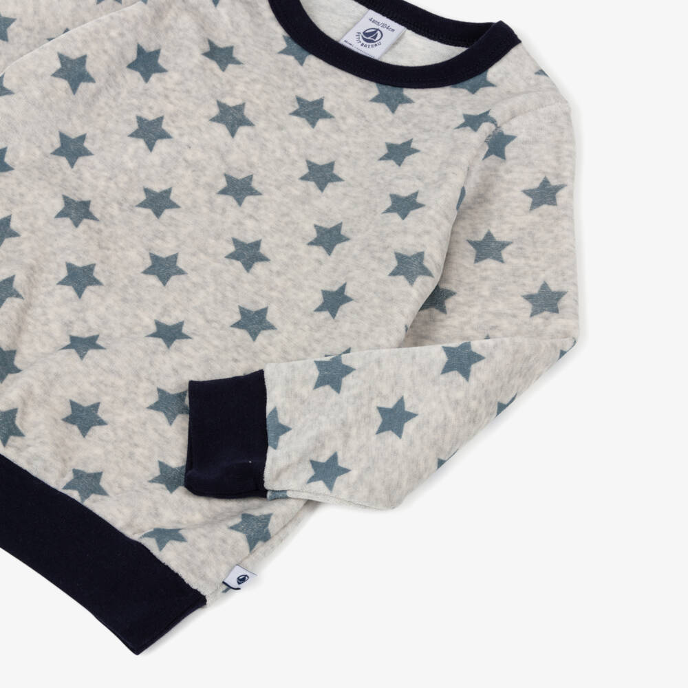 Petit Bateau-Boys Grey & Blue Star Print Velour Pyjamas | Childrensalon
