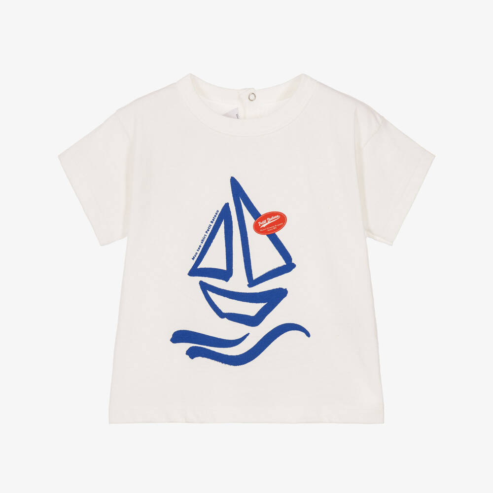 Petit Bateau-Boys Ivory & Blue Cotton T-Shirt with Sailboat Logo | Childrensalon