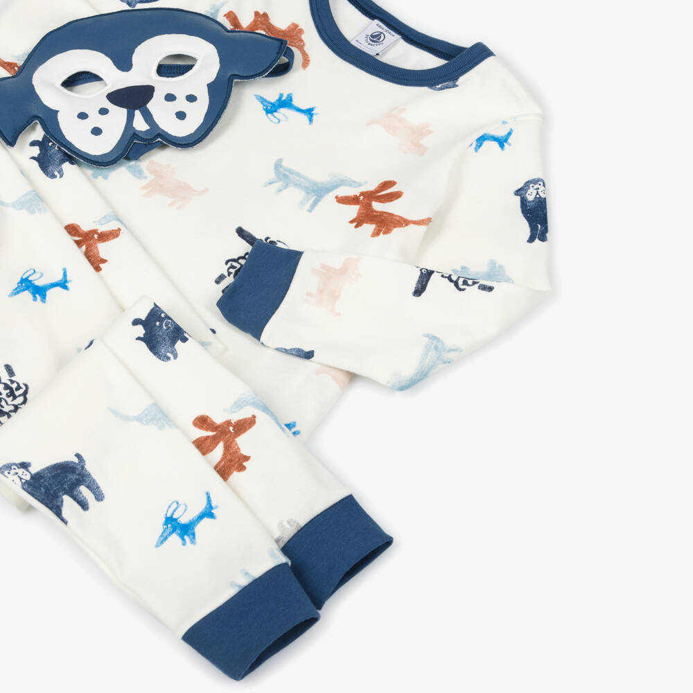 Petit Bateau-Boys Ivory & Blue Dog Print Pyjamas with Mask | Childrensalon